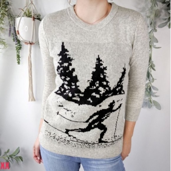 J. Crew Sweaters - J Crew Grey Intarsia Skier Mountain landscape Winter sweater merino wool ribbed